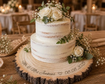 Personalized Wood Slice Cake Stand, Premium quality Engraved Rustic Wedding Display stand, Personalised log Slice, Engagement Dessert Board