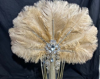 Gold Bridal Feather Fan Bouquet, 1920s Gatsby Rhinestone Brooch