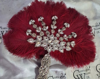 Burgundy wine feather fan bouquet, Great Gatsby wedding style 1920's - any colour as custom made by Crystal wedding uk