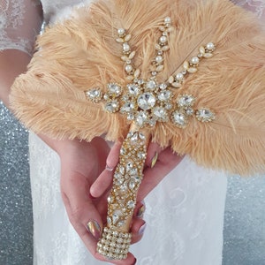 Feather wedding  Fan gold Ostrich feather Gatsby fan 1920's bouquet by Crystal wedding uk