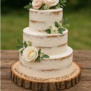 May include: A three-tier naked wedding cake with white frosting, decorated with cream and pale pink roses and green leaves. The cake sits on a round wooden log slice engraved with the text Mrs & Mrs Johanson and 21 July 2025.