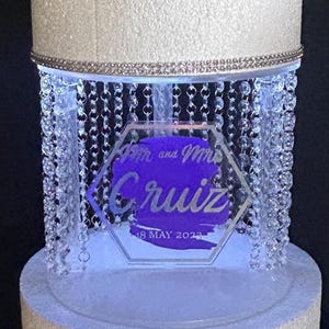 Open Front Crystal Cake Separator | Acrylic Wedding Cake Stand with Custom Plaque | Topper light up Display | Handmade Cake Decor Engagement