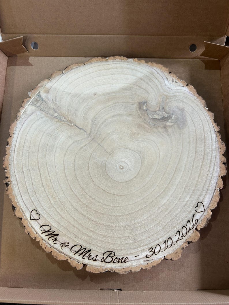 Personalized Wood Slice Cake Stand, Engraved Rustic Wedding Display stand, Personalised Engraved log Slice, Engagment Dessert Display Board image 11