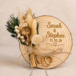 Personalised Wedding ring holder, Rustic Wood log ring cushion with dried flowers, wedding rings log slice , wedding gift
