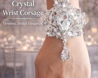 Vintage Inspired Crystal Wrist Corsage Bridal Bridesmaid Wedding Accessory – Rhinestone Bracelet Corsage