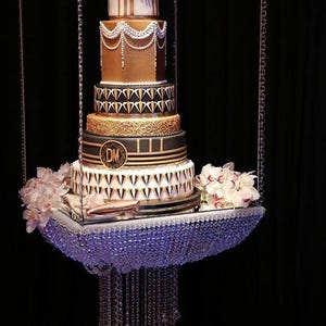 Crystal Chandelier Suspended Swing Cake Stand: Square Mirror Top