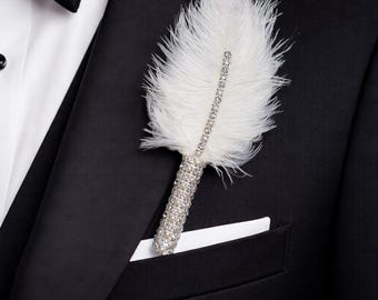 Ostrich Feather Boutonniere, Crystal Pearl Lapel Pin, Gatsby Wedding
