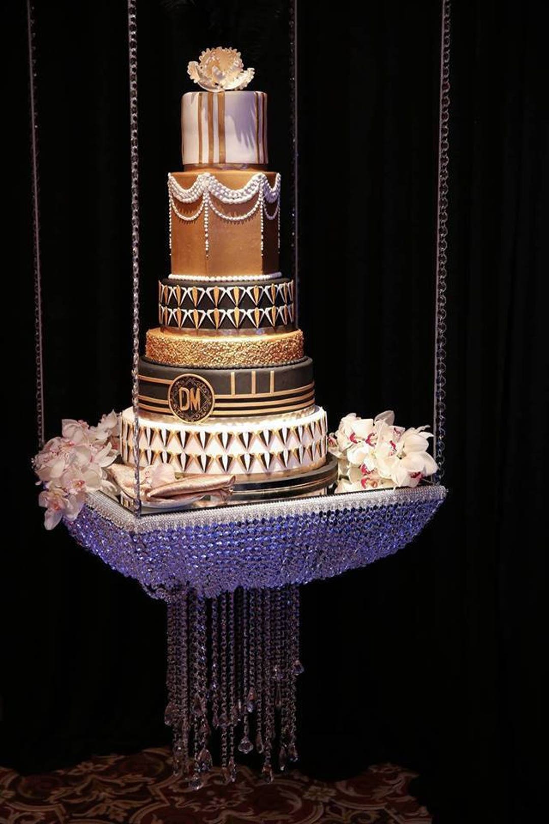 Suspended Swing Cake Stand Faux Crystal Chandelier Style Mirror Top