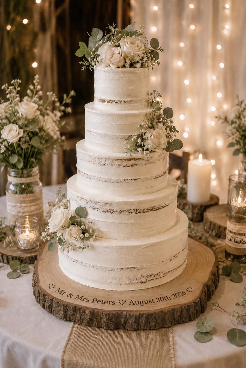 May include: A four-tier white semi-naked cake decorated with fresh white roses and greenery, resting on a round wooden slice base engraved with the text "Mr & Mrs Peters ♡ August 30th 2026 ♡". The cake features visible cake layers.