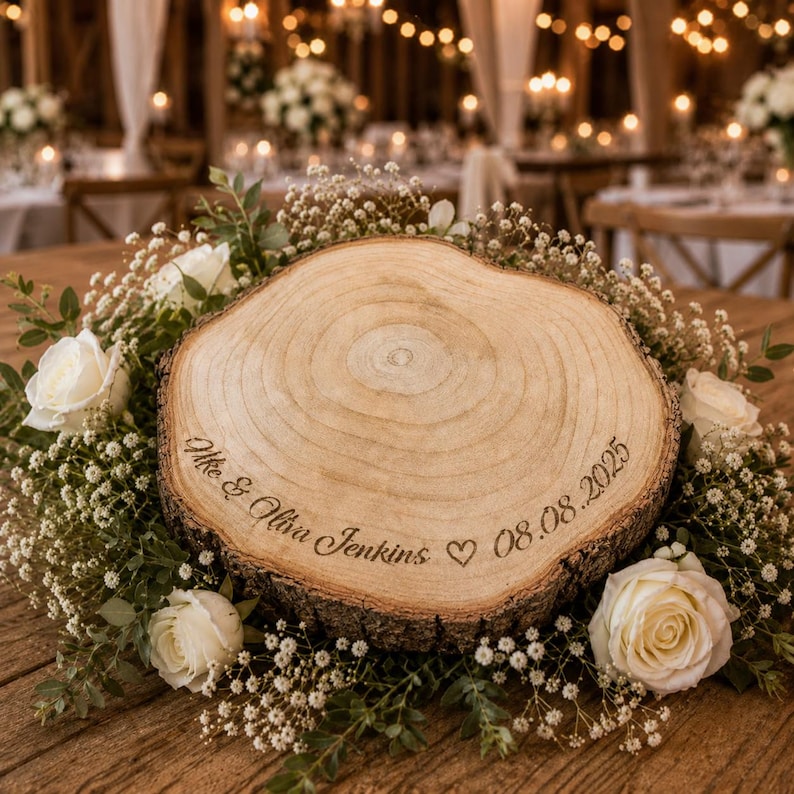 May include: A circular wood slice centerpiece featuring natural bark edges and a smooth, light-colored top surface. The wood is engraved with the text "Mike & Oliva Jenkins ♡ 08.08.2025" and is surrounded by a decorative wreath of white roses and baby's breath.