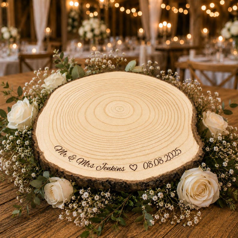 May include: A circular wooden tree slice centerpiece featuring natural bark edges and visible growth rings. The surface is engraved with the text Mr & Mrs Jenkins, a heart symbol, and the date 08.08.2025, surrounded by white roses and baby's breath.