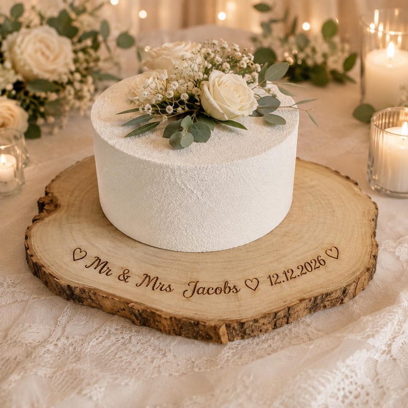 May include: A round white cake topped with white roses and baby's breath sits on a natural wood slice cake stand. The wood slice is engraved with the text "Mr & Mrs Jacobs" and "12.12.2026" surrounded by small heart icons on the front edge.