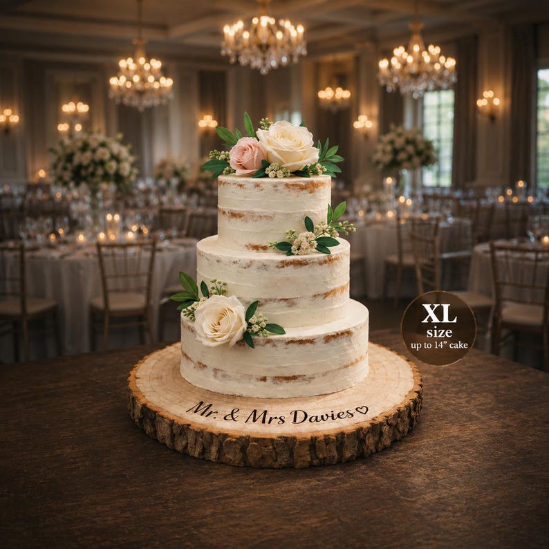 May include: A three-tier naked wedding cake decorated with white and pink roses and green leaves, resting on a round wooden log slice stand engraved with the text Mr. & Mrs. Davies and a heart. A circular badge indicates XL size up to 14" cake.