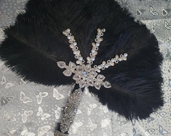 Black Ostrich Feather Fan Bridal Bouquet, Crystal Pearl Wedding Fan, Luxury Gothic Gatsby Bride Hand Fan, Alternative Wedding Bouquet