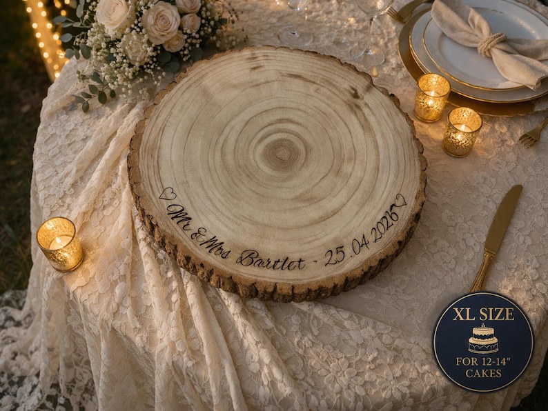 May include: A round wooden cake stand with natural bark edges, featuring the engraved text "Mr & Mrs Bartlet - 25.04.2026" with heart symbols. A circular label indicates an XL size suitable for 12-14 inch cakes.