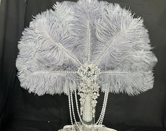 Grey Ostrich Feather Fan Bouquet, Rhinestone Bridal, 1920s Gatsby Style