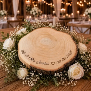 May include: A circular wood slice centrepiece featuring natural bark edges and a smooth, light-coloured top surface. The wood is engraved with the text "Mike & Oliva Jenkins" followed by a heart symbol and the date "08.08.2025".
