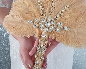 Feather Wedding Fan: Brides accessory wedding  bouquet 1920s Gatsby Bouquet Ostrich feather fhand fan