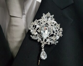 Groom Boutonniere, buttonhole. Ladies dress corsage,  Silver brooch rhinestone drop, Wedding Buttonhole Pin. by Crystal wedding uk