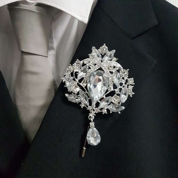 Groom Boutonniere, buttonhole. Ladies dress corsage,  Silver brooch rhinestone drop, Wedding Buttonhole Pin. by Crystal wedding uk