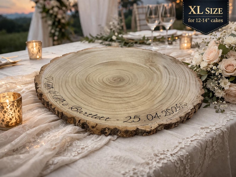 May include: A round wooden cake stand with natural bark edges, featuring the engraved text "Mr & Mrs Bartlett - 25.04.2026" and a heart symbol. A black label in the corner displays "XL SIZE for 12-14" cakes" in white text.