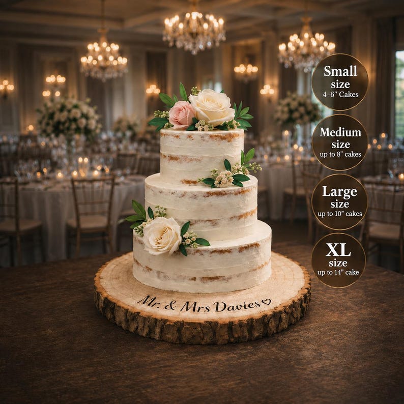 Personalised wood slice wedding cake stand with natural bark edge and custom engraved names for rustic wedding cake display.