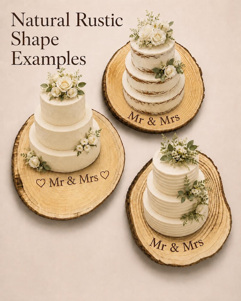 May include: Three round wooden cake stands with natural bark edges, each supporting a three-tiered white cake topped with flowers. The wood surfaces are engraved with the text "Mr & Mrs" and heart symbols. The image includes the text "Natural Rustic Shape Examples".