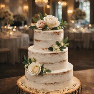 May include: A three-tiered naked wedding cake decorated with white and pale pink roses and green leaves, resting on a round wooden log slice stand engraved with the text Mr & Mrs Johanson 21 July 2025, featuring natural bark edges.