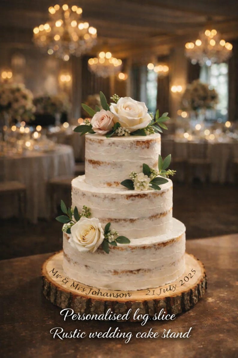 May include: A three-tiered naked wedding cake decorated with white and pale pink roses and green leaves, resting on a round wooden log slice stand engraved with the text Mr & Mrs Johanson 21 July 2025, featuring natural bark edges.