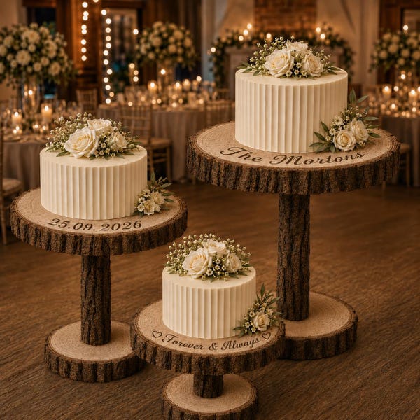 Set of 3 Personalized Wood Slice Cake Stand,   Engraved Rustic  Wedding stand, Personalised log cupcake stand Wodden Dessert Display
