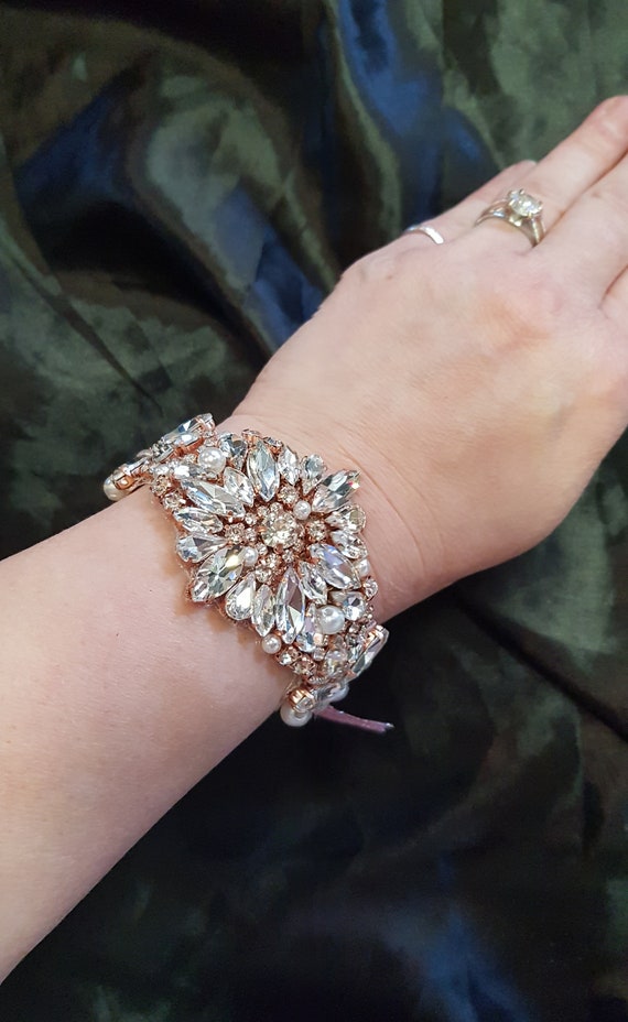 Rose Gold Crystal Flower Wrist Corsage Wedding Cuff BRIDAL - Etsy UK