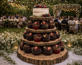 Personalized Wood Slice Cake Stand,3 Tier Engraved Rustic Stand  4 tier Wedding stand, Personalised log cupcake stand 5 tier Dessert Display