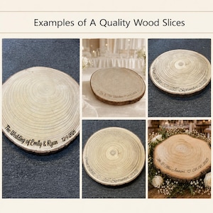May include: A collage of circular wood slices featuring natural grain patterns and bark edges. Each slice is engraved with custom text including names and dates such as The Wedding of Emily & Ryan 12/9/2026, Mr & Mrs Barden 24.12.2026, and 08.08.2025.