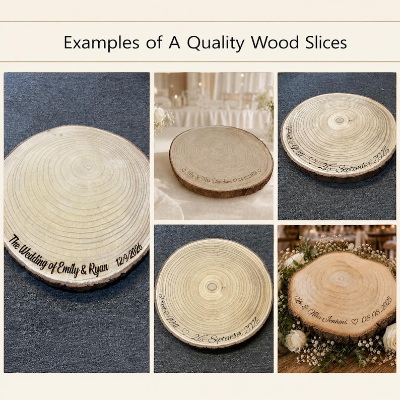 May include: A collage of circular wood slices featuring natural grain patterns and bark edges. Each slice is engraved with custom text including names and dates such as The Wedding of Emily & Ryan 12/9/2026, Mr & Mrs Barden 24.12.2026, and 08.08.2025.