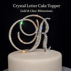 Crystal Letter Cake Topper – 6" tall Gold Clear Rhinestone Monogram, Luxury Wedding & Anniversary Cake Decor