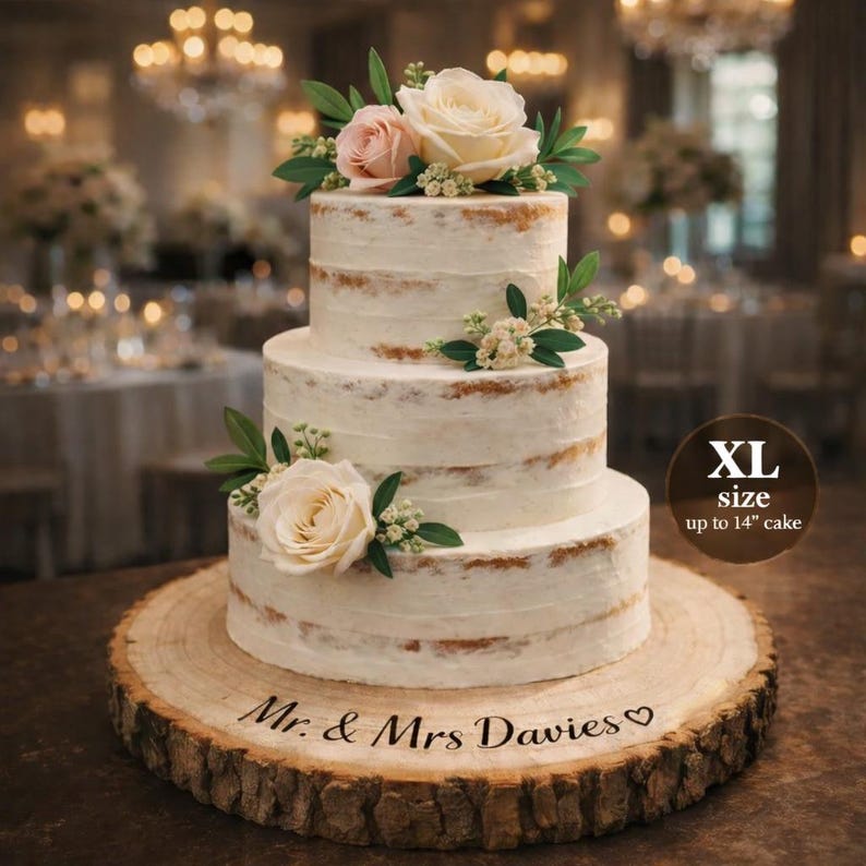 May include: A three-tiered wedding cake with white frosting and floral decorations, including roses and greenery. The cake sits on a rustic wooden cake stand. Text on the stand reads "Mr. & Mrs Davies". The image also includes text that reads "XL size up to 35.5cm cake".