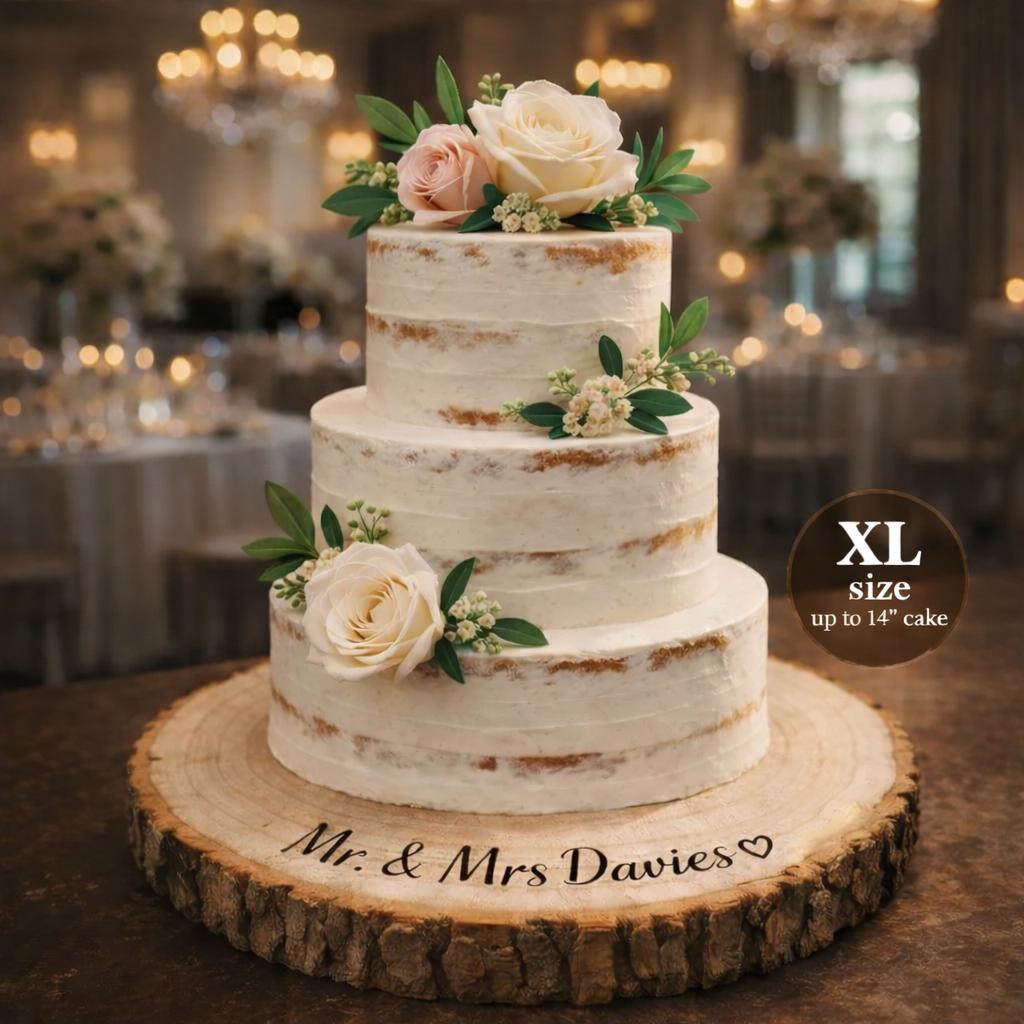 Personalized Wood Slice Cake Stand, Engraved Rustic Wedding