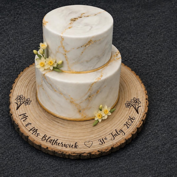 Personalized Wood Slice Cake Stand, Engraved Rustic Wedding Display stand, Personalised Engraved log Slice with Daffodils