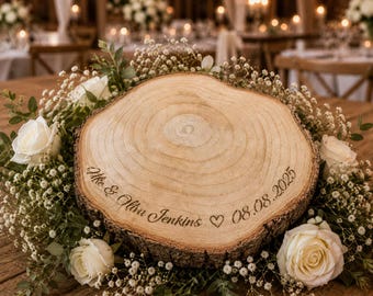 Rustic Personalised Log Slice, Wedding Cake Stand, Engraved Wood Wedding Cake Board Engagement Dessert Board