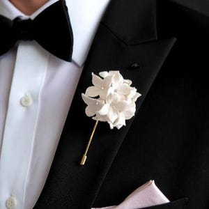 Handmade Hydrangea Boutonniere, Polymer Clay Lapel Pin, Groomsmen Accessory
