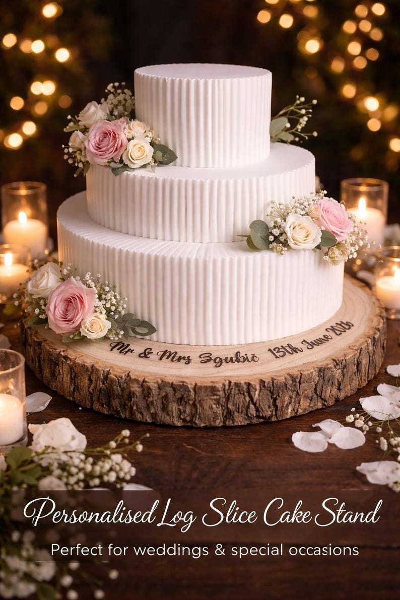 May include: A three-tiered white cake with vertical fluted texture, decorated with pink and cream roses and baby's breath, resting on a natural wood log slice stand engraved with the text Mr & Mrs Sgubic 13th June 2026.
