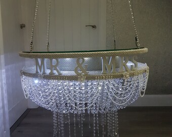 Suspended Swing cake ,Personalised, Mr & Mrs, Pearl and crystal drape stand mirror top + LED heavy duty holds 200lbs by Crystal wedding uk