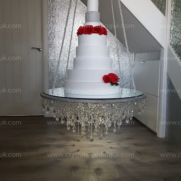 Cake chandelier, swing cake platform,  mirror top + remote controlled  LED  ,heavy duty holds 200lbs Crystal wedding uk