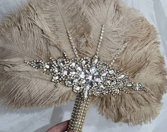 Vintage Champagne Ostrich Feather Bridal Fan: Rhinestone Crystal Handle