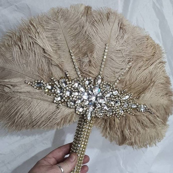 Wedding feather fan, brides ostrich fan, wedding hand fan, vintage champagne, Great Gatsby  any colour custom made by Crystal wedding uk