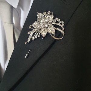 Groom Boutonniere, Crystal flower buttonhole. brooch rhinestone lapel pin, Wedding Buttonhole Pin. by Crystal wedding uk