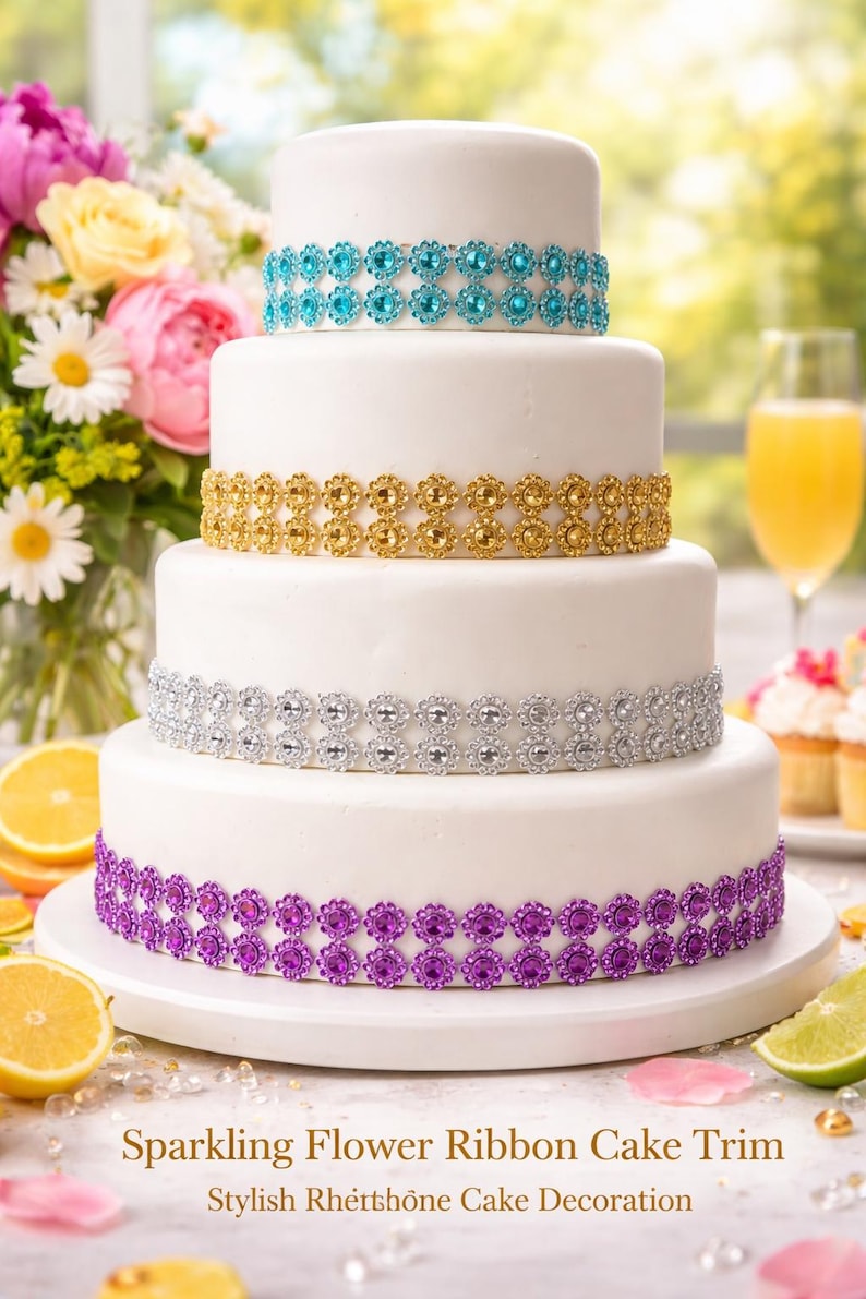 Flower Cake Ribbon Trim 30mm Rhinestone Effect Wedding Cake Banding ...