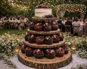 Gepersonaliseerde houten taartstandaard, 3-laags gegraveerde rustieke standaard 4-laagse bruiloftsstandaard, gepersonaliseerde cupcake-standaard met logboek 5-laags dessertdisplay