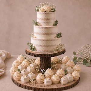 May include: A three-tiered semi-naked wedding cake topped with white flowers and eucalyptus, displayed on a wooden pedestal stand surrounded by cupcakes and square petit fours, with the text Mr & Mrs Wickombe 30.08.2026 engraved on the base.