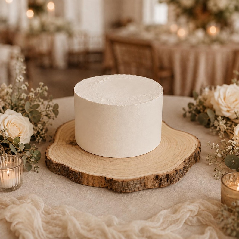 May include: A cylindrical white cake with a smooth frosted finish sits centered on a circular natural wood slice platter. The cake is surrounded by white roses, sprigs of baby's breath, and small glass votive candles on a light-colored fabric.